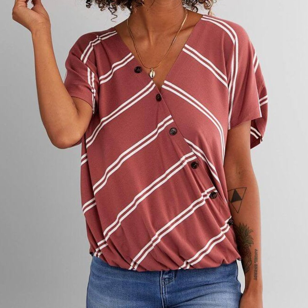 Striped V-Neck Top w/Buttons